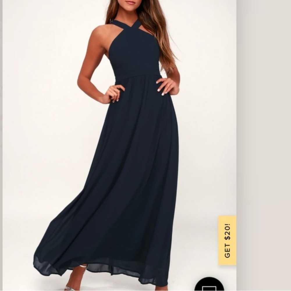 NWT Lulus Air of Romance Navy Blue Maxi Dress LARGE